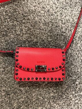 MERSI Red Studded Leather Crossbody Bag